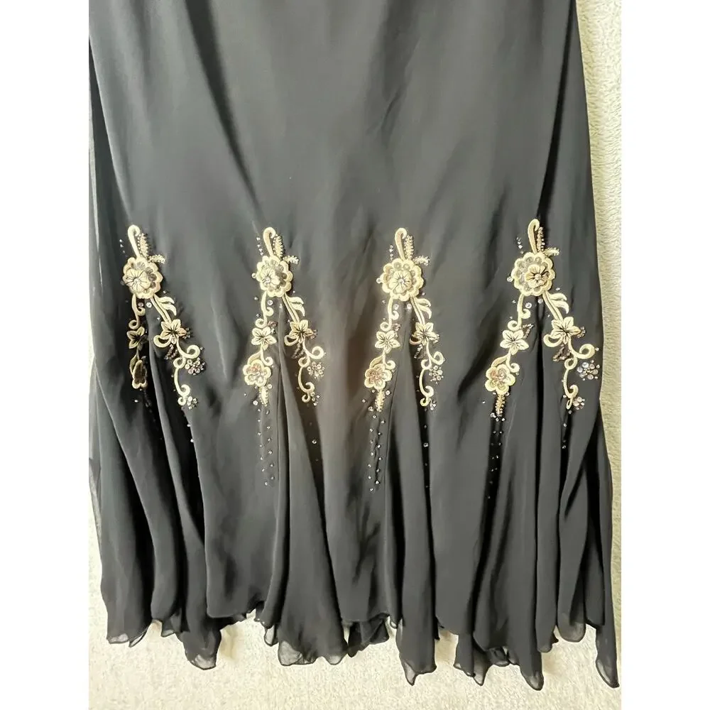 Vintage y2k Black Chiffon Handkerchief Hem Dress Floral Beaded Embroidered Med - Picture 3 of 7